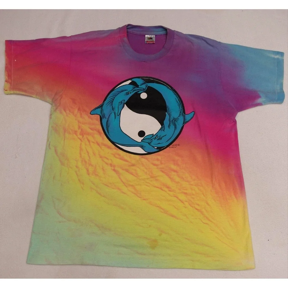 Fruit Of The Loom Shirt Mens L Multicolor Tie Dye Dolphin Yin Yang Vintage 90s